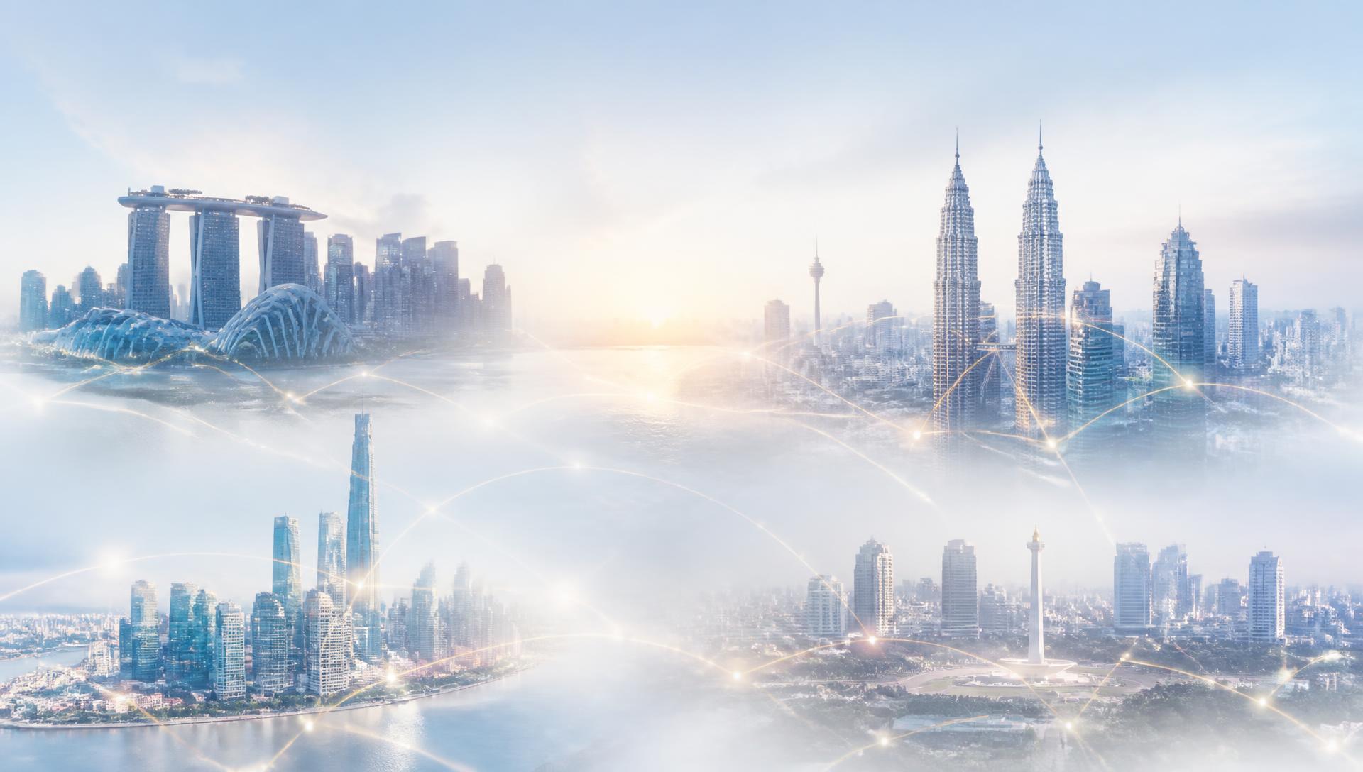 Asian city skylines connected by a digital network
